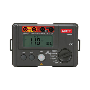 UNI-T UT501A Insulation Resistance Tester – Digital Megohmmeter, 100V/250V/500V/1000V - a grey rectangular digital device with a display showing 110 MΩ and 107V, featuring a rotary dial and buttons.