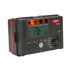 UNI-T UT501A Insulation Resistance Tester – Digital Megohmmeter, 100V/250V/500V/1000V - a black handheld device with a digital display showing 110 MΩ and 107V, rotary knob, and control buttons.