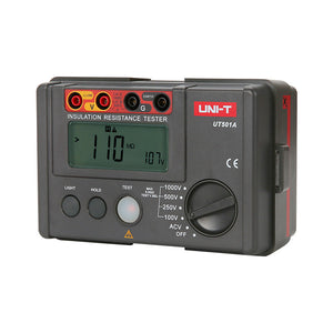 UNI-T UT501A Insulation Resistance Tester – Digital Megohmmeter, 100V/250V/500V/1000V - a grey handheld device with a digital display showing 110 MΩ and 107V, rotary knob, and three input ports.