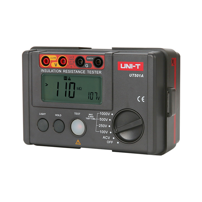 UNI-T UT501A Insulation Resistance Tester – Digital Megohmmeter, 100V/250V/500V/1000V - a grey handheld device with a digital display showing 110 MΩ and 107V, rotary knob, and three input ports.