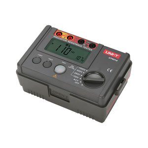 UNI-T UT501A Insulation Resistance Tester – Digital Megohmmeter, 100V/250V/500V/1000V - a grey and red handheld device with a rotary dial, buttons, ports, and a display showing 110 MΩ and 107 V.