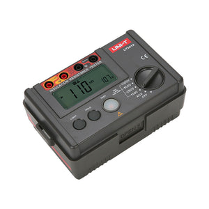UNI-T UT501A Insulation Resistance Tester – Digital Megohmmeter, 100V/250V/500V/1000V - a grey and red handheld device with a digital display showing 110 MΩ and 107V, rotary knob, and input ports.