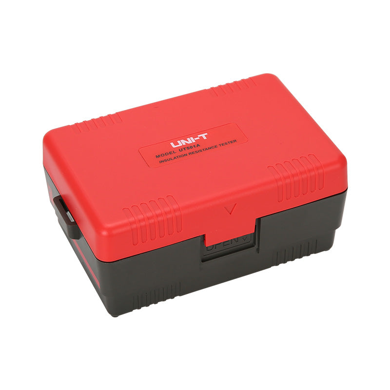 UNI-T UT501A Insulation Resistance Tester – Digital Megohmmeter, 100V/250V/500V/1000V - shown as a closed red and black rectangular plastic carrying case with an "OPEN" latch on the front.
