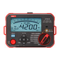 UNI-T UT501E Insulation Resistance Tester – Digital Megohmmeter - a red and black rectangular device with a digital display showing 4200 MΩ, control buttons, and a rotary knob.