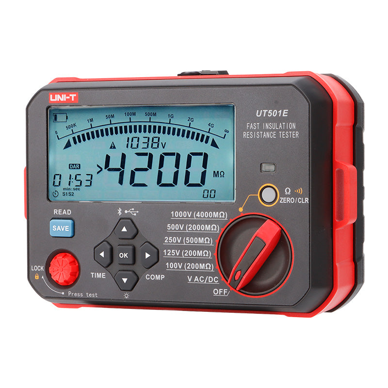 UNI-T UT501E Insulation Resistance Tester – Digital Megohmmeter - a black and red handheld device with a digital display reading 4200 MΩ, a rotary dial, and buttons.