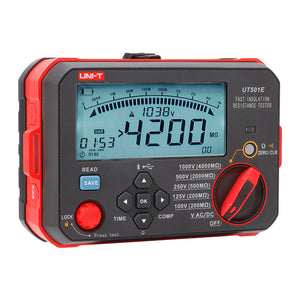UNI-T UT501E Insulation Resistance Tester – Digital Megohmmeter - a black and red handheld device showing a digital display reading 4200 MΩ, rotary dial, and control buttons.
