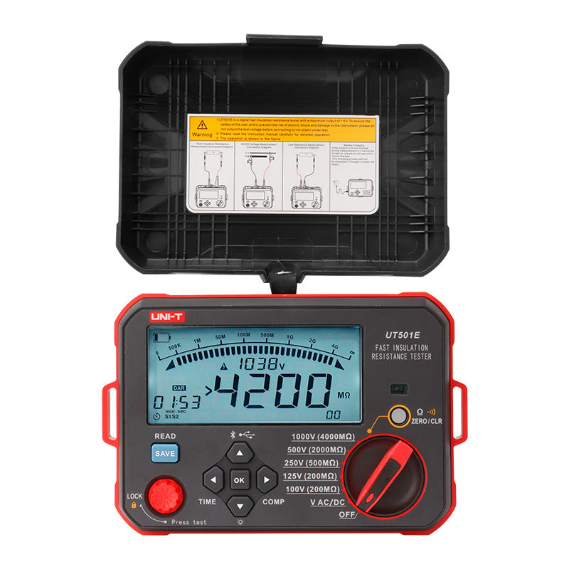 UNI-T UT501E Insulation Resistance Tester – Digital Megohmmeter - with an open black hard case, showing the red and black digital meter with a screen reading 4200 MΩ and 1038V.