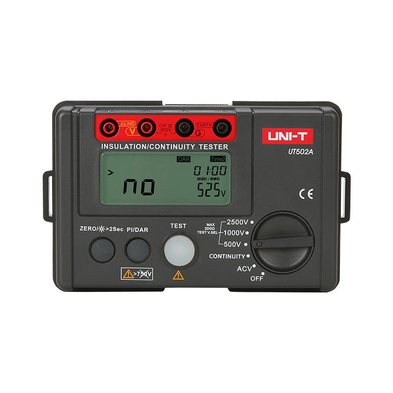UNI-T UT502A Insulation Resistance Tester – Digital Megohmmeter, 500V/1000V/2500V - a grey rectangular device with a digital screen showing "no" and "525V," test buttons, and a rotary knob.