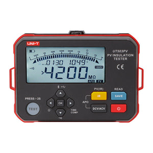 UNI-T UT503PV PV Insulation Resistance Tester – Solar PV Megohmmeter, 125V/250V/500V/1000V - a black and red handheld device with a digital display showing 4200 MΩ, function buttons, and a central TEST button.