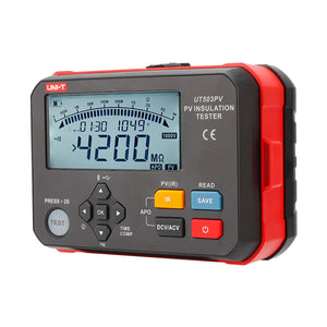 UNI-T UT503PV PV Insulation Resistance Tester – Solar PV Megohmmeter, 125V/250V/500V/1000V - a black and red handheld device with a screen showing 4200 MΩ, 1049V, and 01:30, plus buttons for test and power.