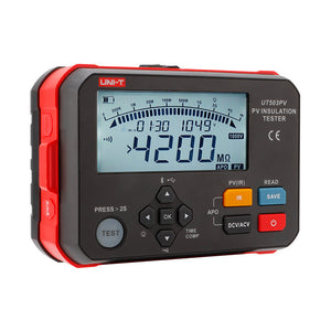 UNI-T UT503PV PV Insulation Resistance Tester – Solar PV Megohmmeter, 125V/250V/500V/1000V - a black and red handheld device with a digital display reading 4200 MΩ, function buttons, and a test button.