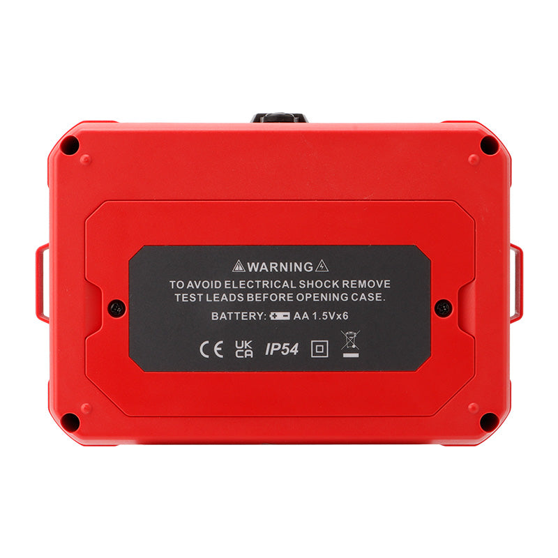 UNI-T UT503PV PV Insulation Resistance Tester – Solar PV Megohmmeter, 125V/250V/500V/1000V - rear view of the red rectangular casing showing the battery compartment label and warning text.
