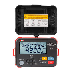 UNI-T UT503PV PV Insulation Resistance Tester – Solar PV Megohmmeter, 125V/250V/500V/1000V - with an open lid, showing a digital display reading 4200 MΩ, a keypad, and a warning label on the inside cover.