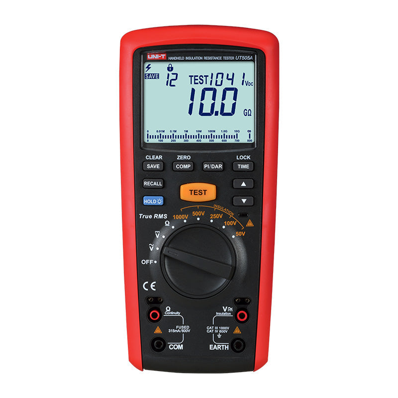 UNI-T UT505A Insulation Resistance Tester – Digital Megohmmeter - a red and black handheld device with a central rotary knob, buttons, ports, and an LCD showing 10.0 GΩ.
