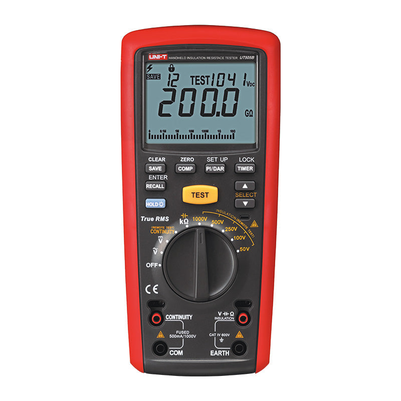 UNI-T UT505B Insulation Resistance Tester – Digital Megohmmeter, 100V/250V/500V/1000V - a red handheld digital megohmmeter showing 200.0 GΩ on its display with a central rotary dial and buttons.