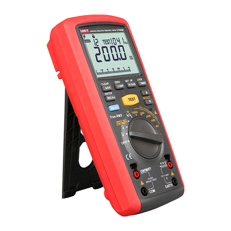 UNI-T UT505B Insulation Resistance Tester – Digital Megohmmeter, 100V/250V/500V/1000V - a red and black handheld digital meter with a screen showing 200.0 GΩ, function knob, and input ports.