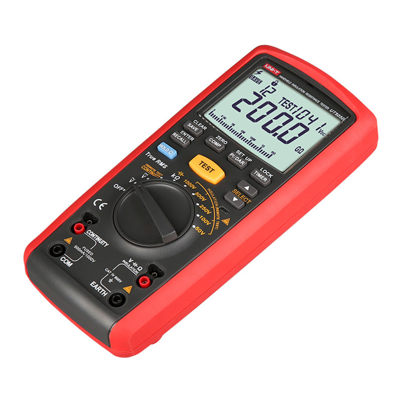 UNI-T UT505B Insulation Resistance Tester – Digital Megohmmeter, 100V/250V/500V/1000V - a red handheld digital megohmmeter with a rotary dial, control buttons, and a screen displaying 200.0 GΩ.