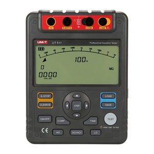 UNI-T UT511 Insulation Resistance Tester – Digital Megohmmeter, 100V/250V/500V/1000V - a black handheld device with a digital screen showing "100V" and "00:00", control buttons, and top input ports.