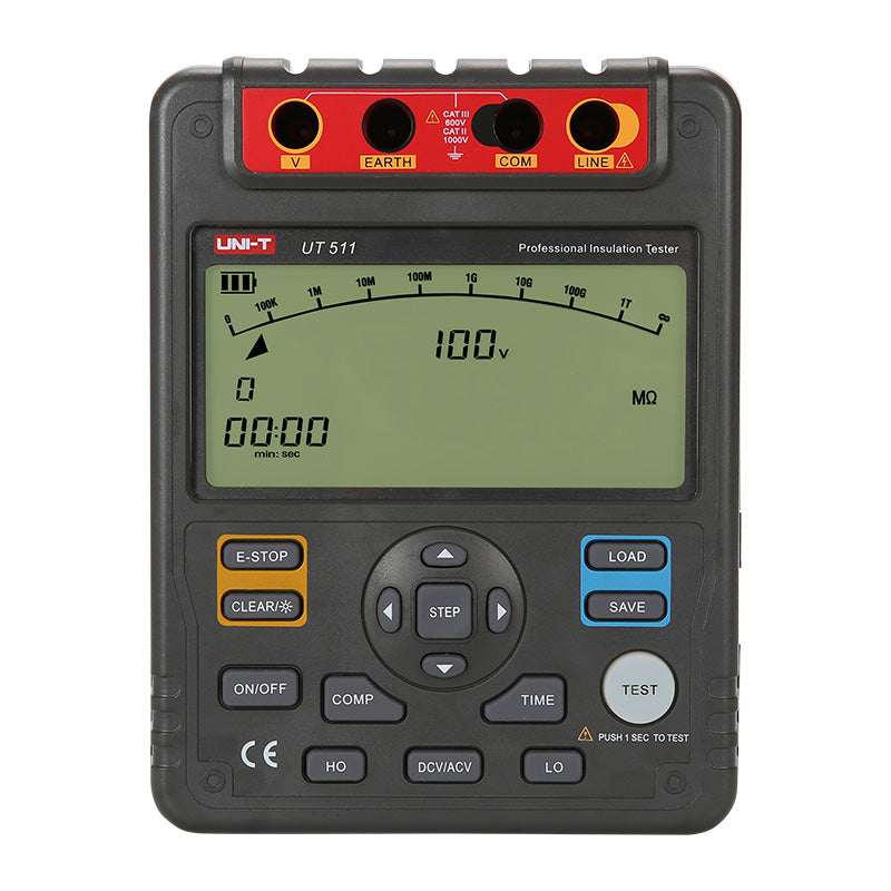 UNI-T UT511 Insulation Resistance Tester – Digital Megohmmeter, 100V/250V/500V/1000V - a black handheld device with a digital screen showing "100V" and "00:00", control buttons, and top input ports.