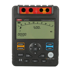 UNI-T UT512 Insulation Resistance Tester – Digital Megohmmeter, 1000V - a black handheld device with a digital screen displaying 500V and 00:00, buttons, and top input ports.