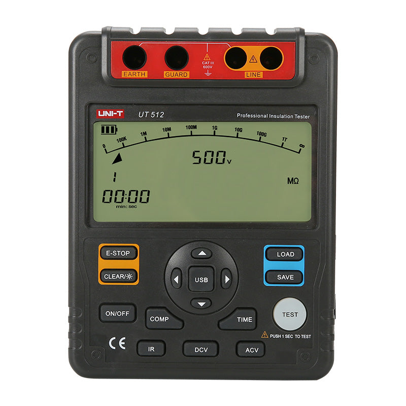 UNI-T UT512 Insulation Resistance Tester – Digital Megohmmeter, 1000V - a black handheld device with a digital screen displaying 500V and 00:00, buttons, and top input ports.
