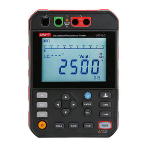 UNI-T UT512D2.5kV 2.5kV Insulation Resistance Tester – 2.5kV Digital Megohmmeter, 250V/500V/1000V/2500V - a black and red handheld device with a digital display reading 2500, control buttons, and top ports.