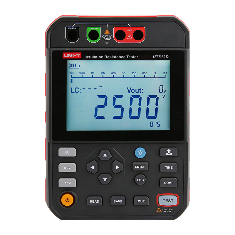 UNI-T UT512D2.5kV 2.5kV Insulation Resistance Tester – 2.5kV Digital Megohmmeter, 250V/500V/1000V/2500V - a black and red handheld device with a digital display reading 2500, control buttons, and top ports.
