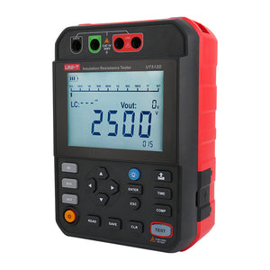UNI-T UT512D2.5kV 2.5kV Insulation Resistance Tester – 2.5kV Digital Megohmmeter, 250V/500V/1000V/2500V - a red and black handheld device with a digital display showing 2500 and various control buttons and ports.