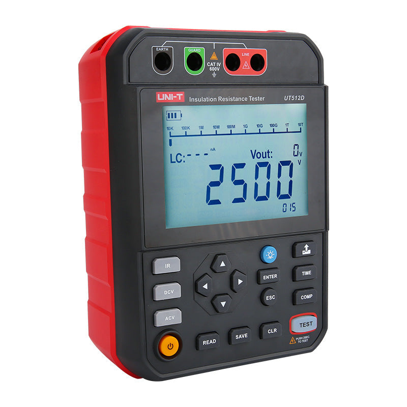 UNI-T UT512D2.5kV 2.5kV Insulation Resistance Tester – 2.5kV Digital Megohmmeter, 250V/500V/1000V/2500V - red and black, showing the front display reading 2500V, keypad buttons, and top Earth, Guard, and Line ports.