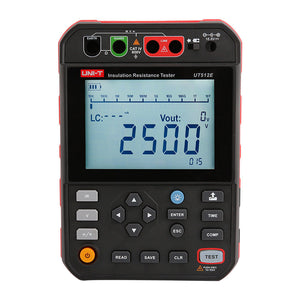 UNI-T UT512E2.5kV 2.5kV Insulation Resistance Tester – 2.5kV Digital Megohmmeter, 250V/500V/1000V/2500V - a black and red handheld device showing a digital display reading 2500V with various buttons and input ports.
