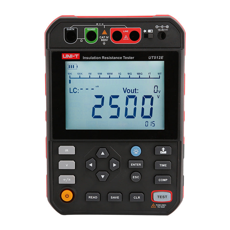 UNI-T UT512E2.5kV 2.5kV Insulation Resistance Tester – 2.5kV Digital Megohmmeter, 250V/500V/1000V/2500V - a black and red handheld device showing a digital display reading 2500V with various buttons and input ports.
