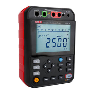 UNI-T UT512E2.5kV 2.5kV Insulation Resistance Tester – 2.5kV Digital Megohmmeter, 250V/500V/1000V/2500V - a red and black handheld device with a digital screen showing 2500, navigation buttons, and top input ports.