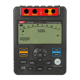 UNI-T UT513A Insulation Resistance Tester – Digital Megohmmeter, 2500V/5000V - a black handheld device with a digital display showing 500V, multiple control buttons, and top input ports.