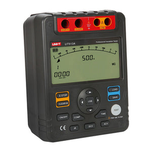 UNI-T UT513A Insulation Resistance Tester – Digital Megohmmeter, 2500V/5000V - a black handheld device with a digital display showing 500V and 00:00, featuring top ports and front buttons.