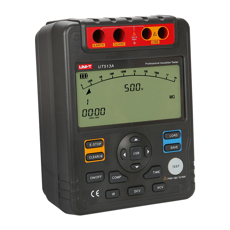 UNI-T UT513A Insulation Resistance Tester – Digital Megohmmeter, 2500V/5000V - a black handheld device with a digital display showing 500V and 00:00, featuring top ports and front buttons.