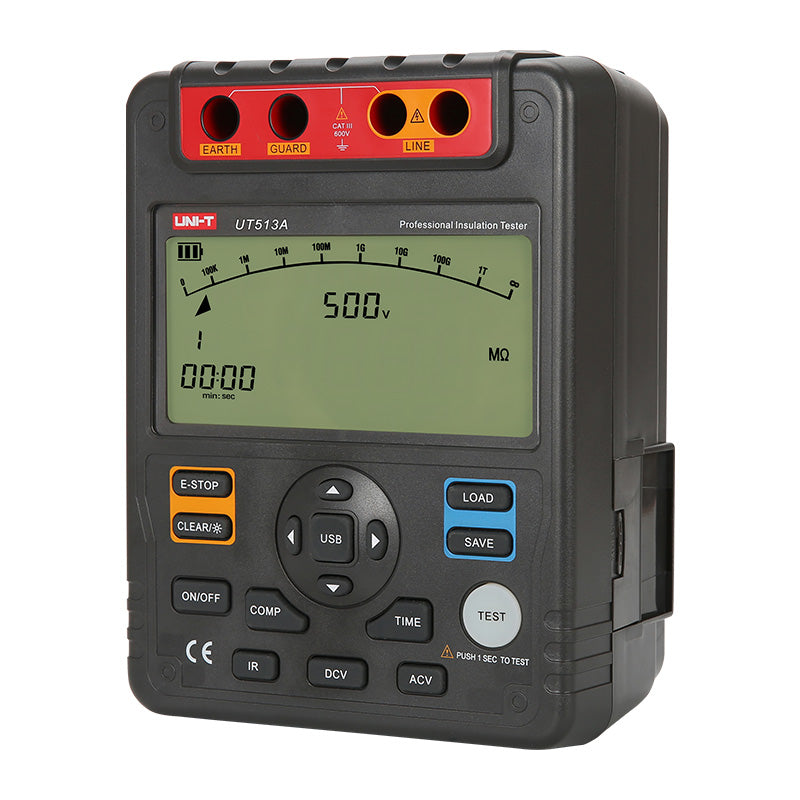 UNI-T UT513A Insulation Resistance Tester – Digital Megohmmeter, 2500V/5000V - a digital display set to 500V, with front-facing buttons and top input ports.