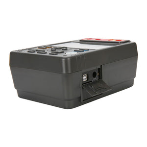 UNI-T UT513A Insulation Resistance Tester – Digital Megohmmeter, 2500V/5000V - side view showing a black handheld device with a USB port and power input behind an open plastic cover.