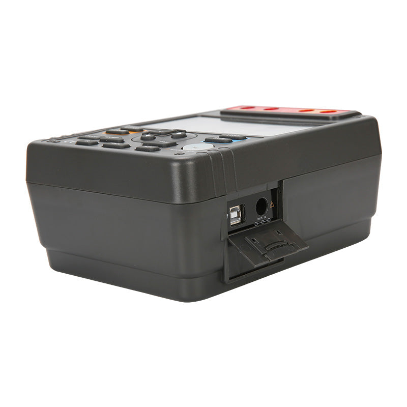 UNI-T UT513A Insulation Resistance Tester – Digital Megohmmeter, 2500V/5000V - side view showing a black handheld device with a USB port and power input behind an open plastic cover.
