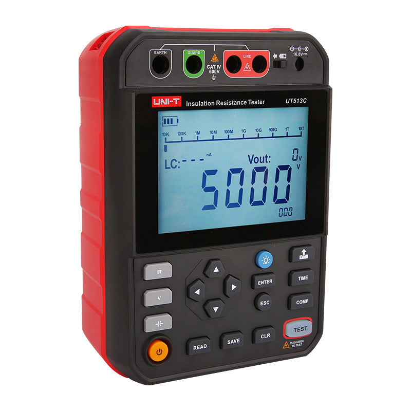 UNI-T UT513C 5kV Insulation Resistance Tester – 5kV Digital Megohmmeter, 250V/500V/1000V/2500V/5000V - a black and red handheld device with a digital screen showing 5000V, buttons, and top input ports.