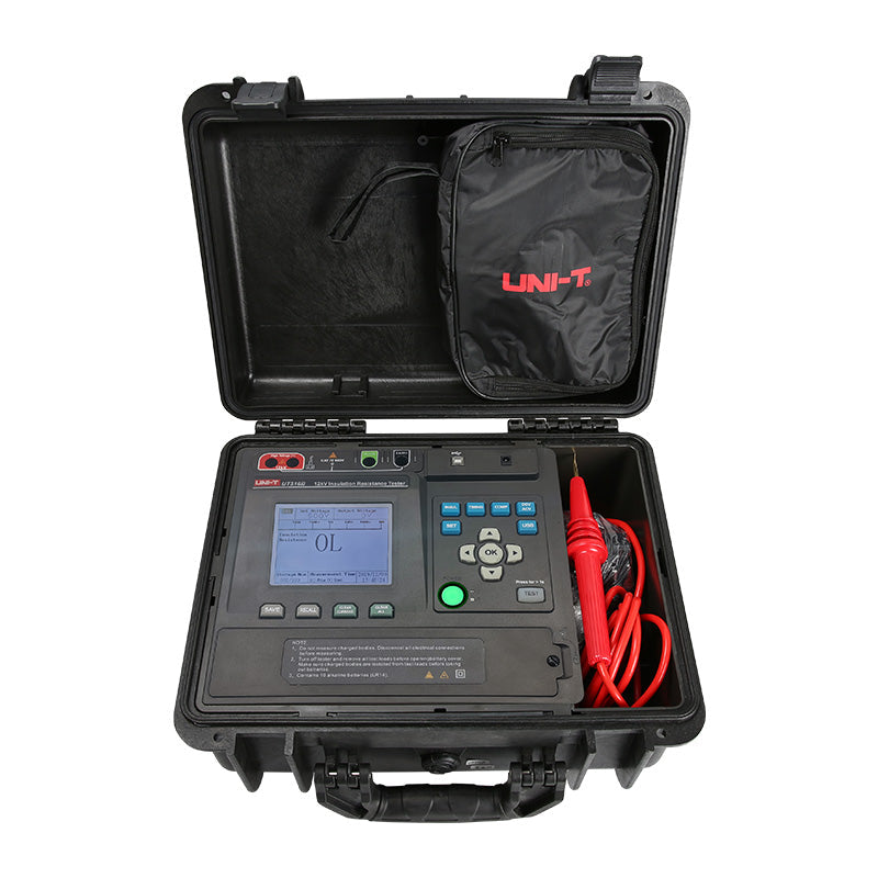 UNI-T UT516B Insulation Resistance Tester – Digital Megohmmeter - open black carrying case with a digital display showing "OL", control buttons, test leads, and a pouch.