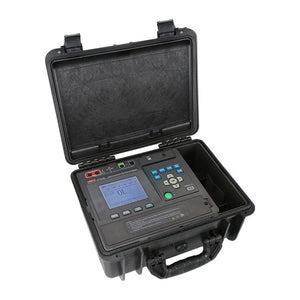 UNI-T UT516B Insulation Resistance Tester – Digital Megohmmeter - open black hard carrying case, showing the control panel, buttons, and a digital screen displaying OL.