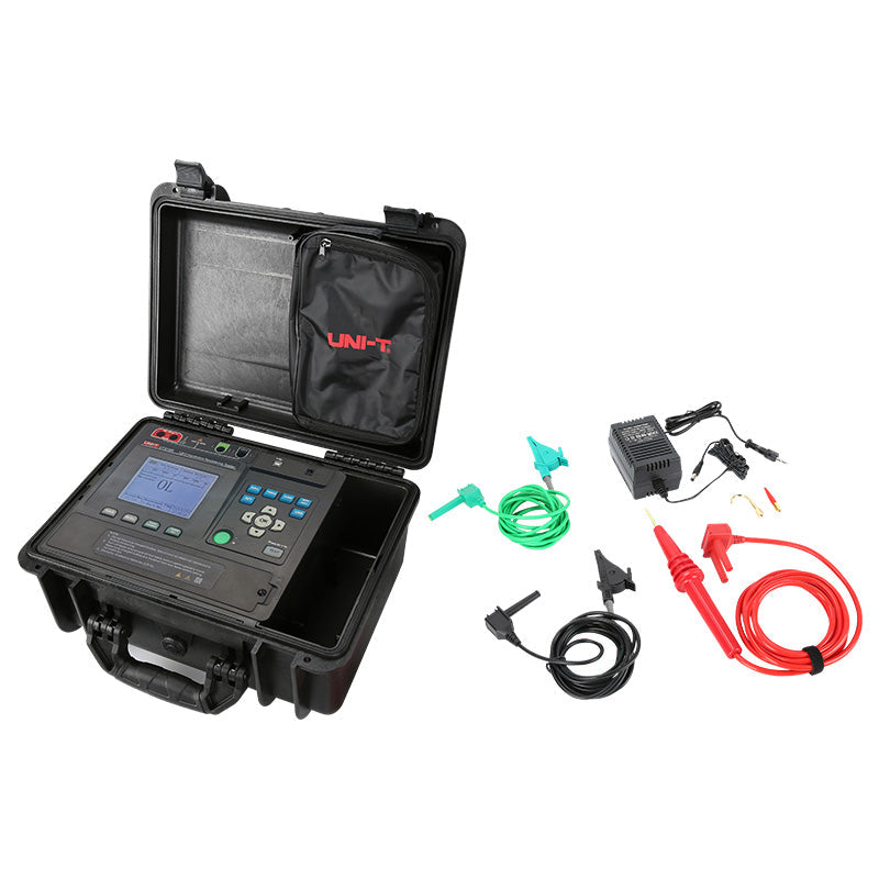 UNI-T UT516B Insulation Resistance Tester – Digital Megohmmeter - shown with its open black carrying case, digital display reading "OL", control buttons, and included accessories.