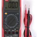 UNI-T UT52 Digital Multimeter – 2000 Count, AC/DC 1000V, 20A, Capacitance to 20µF, Resistance to 200MΩ, Diode & Continuity, CAT III 300V - shown with a red casing, a central rotary dial, a digital display reading 00.0, input ports, and a pair of test leads.