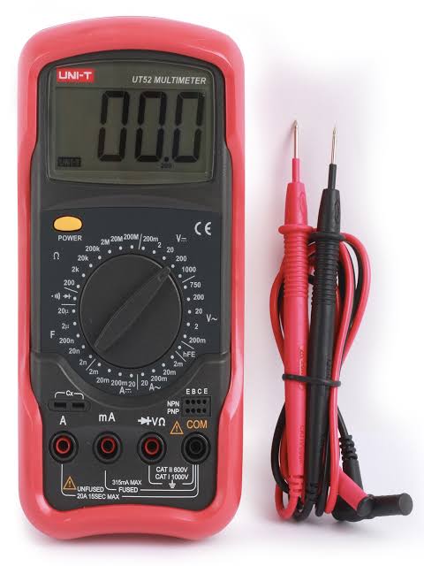 UNI-T UT52 Digital Multimeter – 2000 Count, AC/DC 1000V, 20A, Capacitance to 20µF, Resistance to 200MΩ, Diode & Continuity, CAT III 300V - shown with a red casing, a central rotary dial, a digital display reading 00.0, input ports, and a pair of test leads.