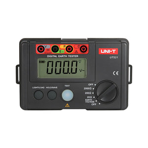 UNI-T UT521 Earth Resistance Tester – Digital Earth / Ground Resistance Meter - a black digital meter with a central LCD displaying 000.0, a rotary dial, three input ports, and four buttons.