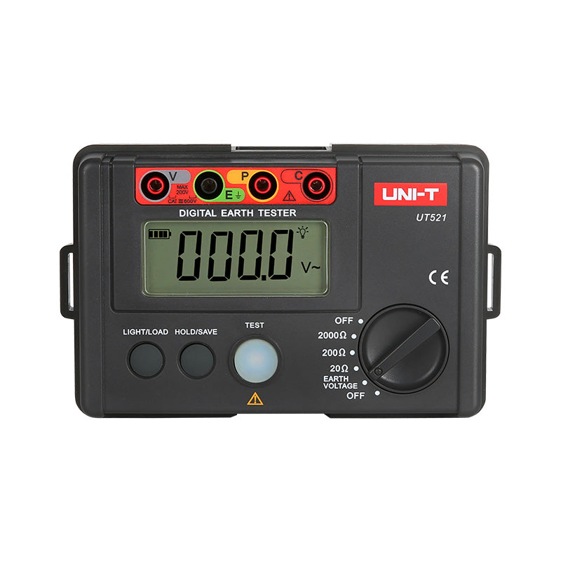 UNI-T UT521 Earth Resistance Tester – Digital Earth / Ground Resistance Meter - a black digital meter with a central LCD displaying 000.0, a rotary dial, three input ports, and four buttons.