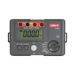 UNI-T UT522 Earth Resistance Tester – Digital Earth / Ground Resistance Meter - a grey digital device with a central LCD showing 000.0 V~, input ports, function dial, and control buttons.