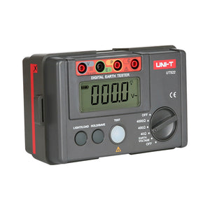 UNI-T UT522 Earth Resistance Tester – Digital Earth / Ground Resistance Meter - a grey digital meter with a screen showing 000.0, a rotary dial, control buttons, and four input ports.
