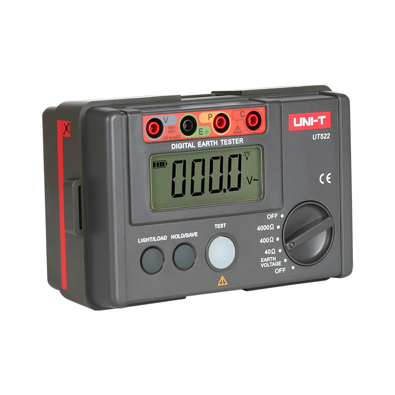 UNI-T UT522 Earth Resistance Tester – Digital Earth / Ground Resistance Meter - a grey digital meter with a screen showing 000.0, a rotary dial, control buttons, and four input ports.