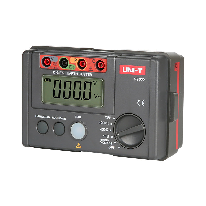 UNI-T UT522 Earth Resistance Tester – Digital Earth / Ground Resistance Meter - a grey digital meter with a screen showing 000.0, a rotary dial, three input ports, and three control buttons.